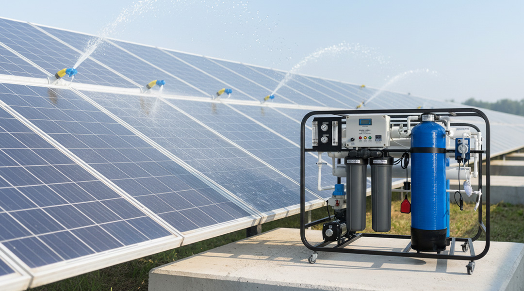 Güneş paneli temizliği alanında Mirwater mobil saf su sistemi